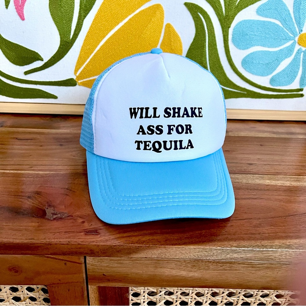 Funny Tequila Graphic Trucker Hat Light Blue Mesh Back Bachelorette New